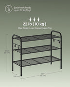 SONGMICS Shoe Rack, 3-Tier Shoe Organizer, Metal Shoe Shelf Storage with 4 Side Hooks, Holds 12 Pairs of Shoes, Height-Adjustable Shoe Rack for Entryway, Hallway, Closet, Easy Assembly, Ink Black