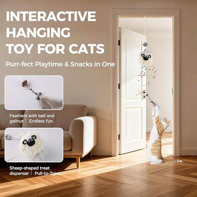Interactive Cat Toys for Indoor Cats - [2025 New] Elastic Cat Feather Toys with Lamb-Shaped Puzzle Dispenser, Hanging Enrichment Toy That Delivers Joy and Award