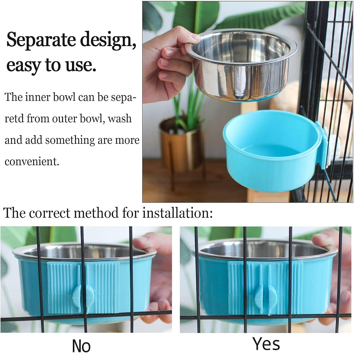 kathson Crate Dog Bowl, Removable Stainless Steel Hanging Pet Cage Bowl Food & Water Feeder Coop Cup for Cat, Puppy, Birds, Rats, Guinea Pigs 6pcs Large(2×Blue,2×Green,2×Pink)