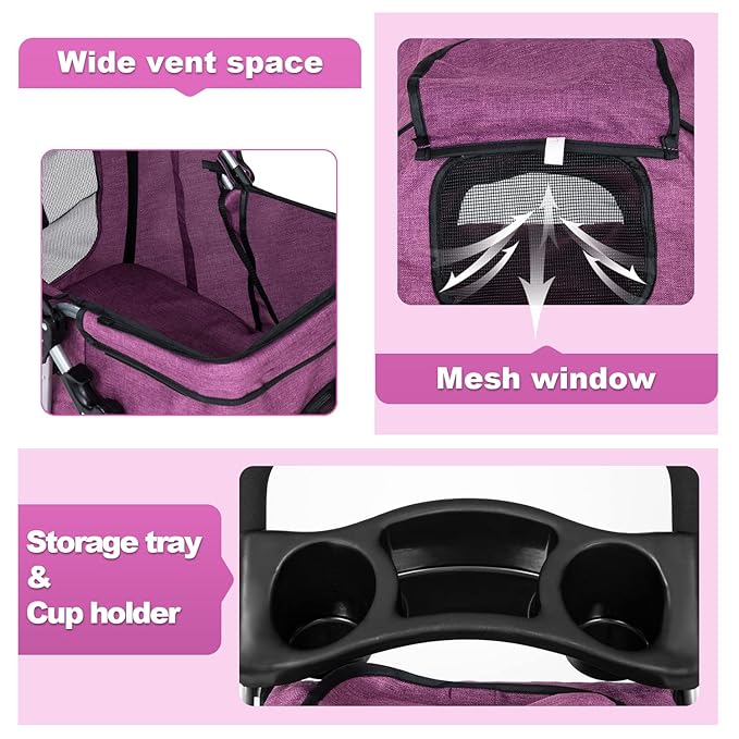 BestPet 3Wheels Pet Dog Stroller for Folding Lightweight Cat Travel Stroller with Cup Holder,Purple