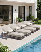 Luxury Outdoor Chaise Lounge Chairs of 4 with 5 Inch Thick Cushions and Side Table - 6 PCS High Back Brown Wicker Rattan Patio Recliners Lounger Furniture Set for Poolside Sunbathing - Beige