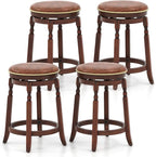 COSTWAY Round Swivel Wooden Bar Stools Set of 4, 24-inch Upholstered Backless PU Leather Farmhouse Counter Chairs with Footrest, Decorative Rivets for Kitchen Island, Dining Room, Walnut
