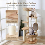Wooden Cat Tree for Large Cat, 49.6-Inch Tall Cat Tower with Scratching Post for Indoor Cats, Multi-Level Cat Condo with Hand-Woven Cat Bed and Scratching Board Easy to Clean