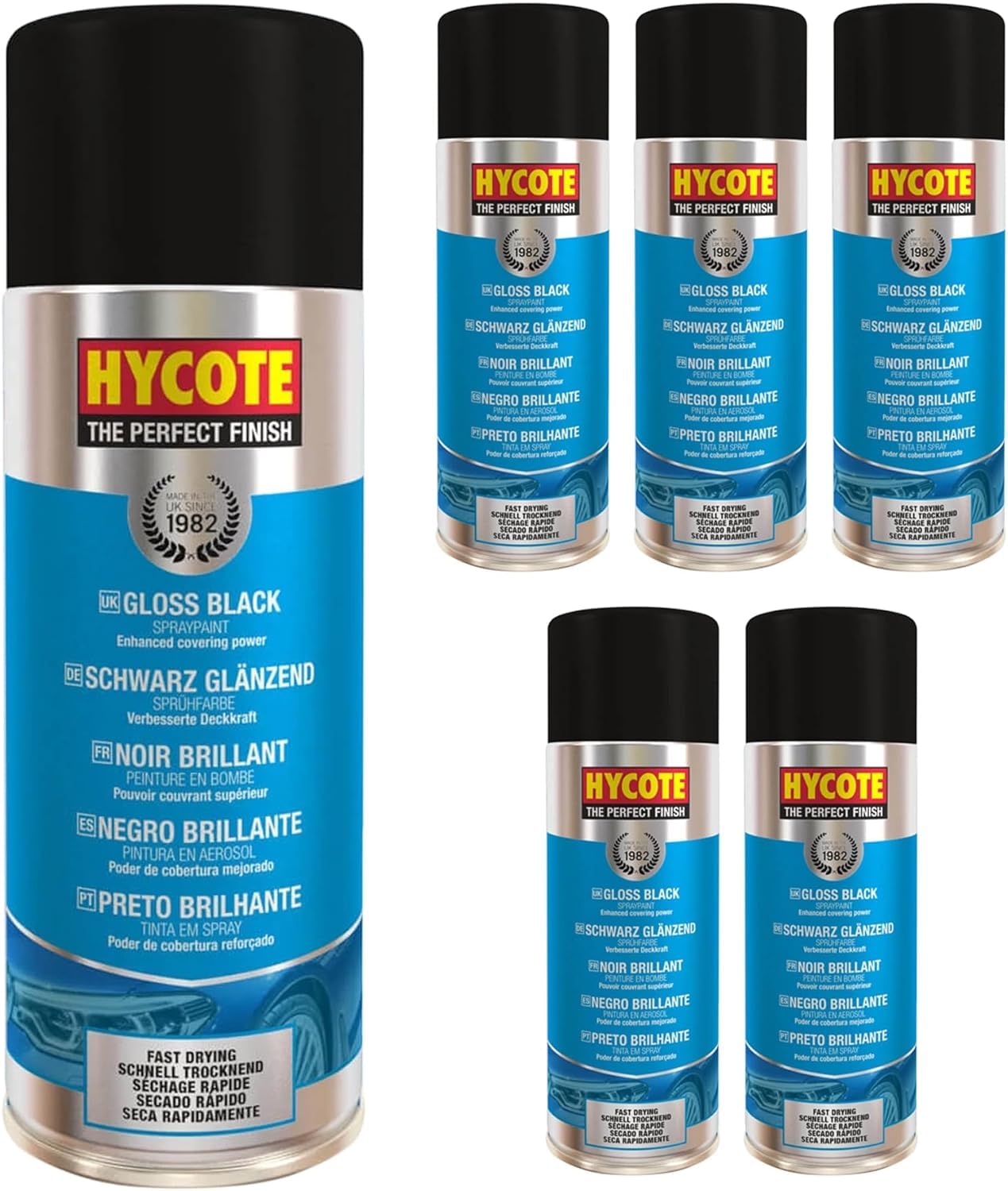 Hycote Black Spray Paint, Gloss Black 13.5 Oz (Pack of 6) - High Shine Acrylic Finish - Durable UV Resistant - For Metal, Plasti
