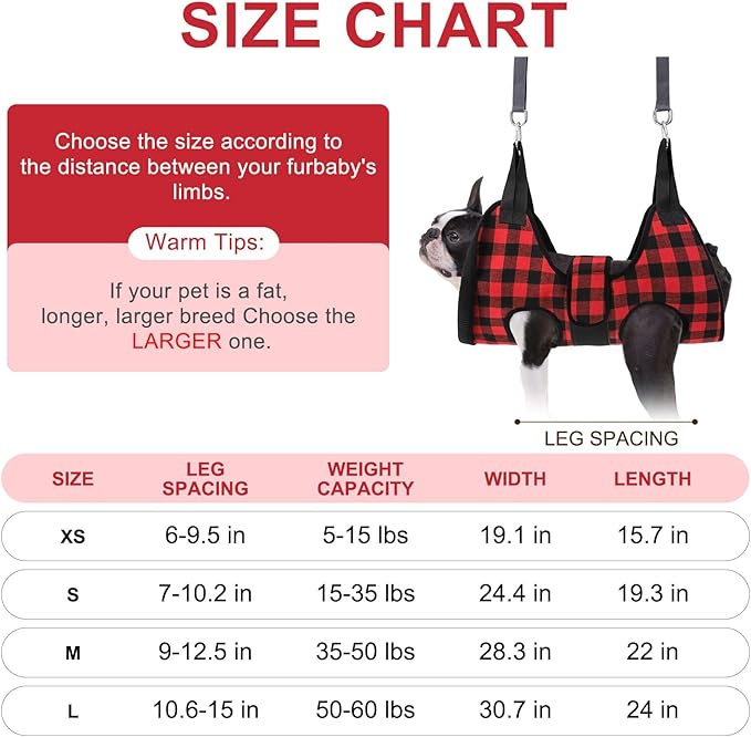 BEAUTYZOO Dog Grooming Hammock Harness for Nail Trimming - Adjustable Pet Restraint Sling for Small Medium Large Dogs/Cats -Secure Hanging Holder for Nail Clipping & Grooming (Christmas Buffalo Plaid)