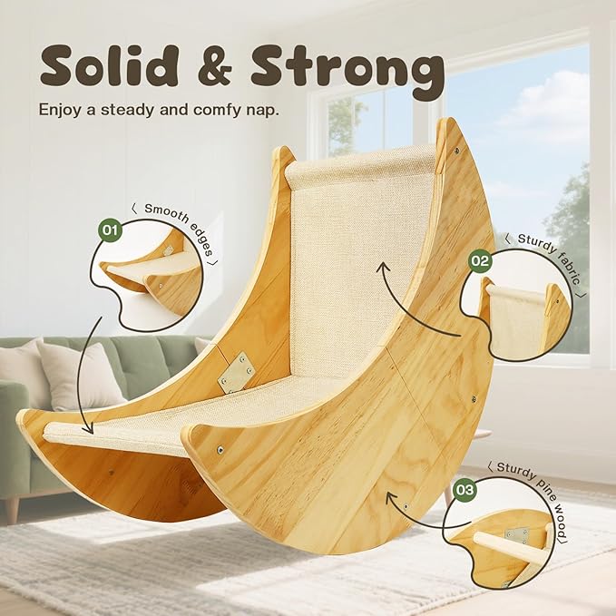 Wooden Cat Window Perch, Large Cat Window Bed with 4 Upgraded Suction Cups, Solid Wood Cats Window Hammock with Moon-Shaped Design, Pet Windows Seat for Indoor Cats