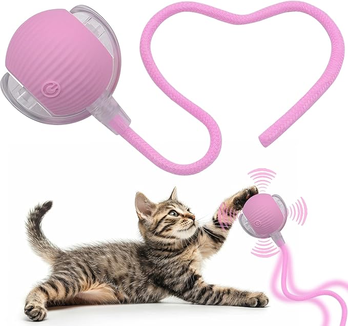 Interactive Cat Dog Toy Ball: Indoor Small Automatic Moving Smart Rolling Fun Pet Game with Led Light and String Tail for Motion Activated, Cute Kitten Puppy Present, Exercise Wheel Supplies (Pink)