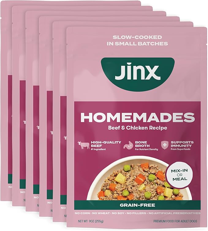 Jinx Beef Grain Free Wet Dog Food Pouches, Meal or Dog Food Topper Mix-in, Made with Real Beef & Chicken, Bone Broth, No Fillers - Puppy, Adult, Senior, 9oz, 6 Pack
