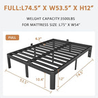 Full Size Bed Frame 12 Inch, Black Metal Full Bed Frame No Box Spring Needed, DIY Headboard Holes, Heavy Duty Steel Support 3500 LBS, Noiseless, Round Corner Legs, Storage Space, Easy Assembly