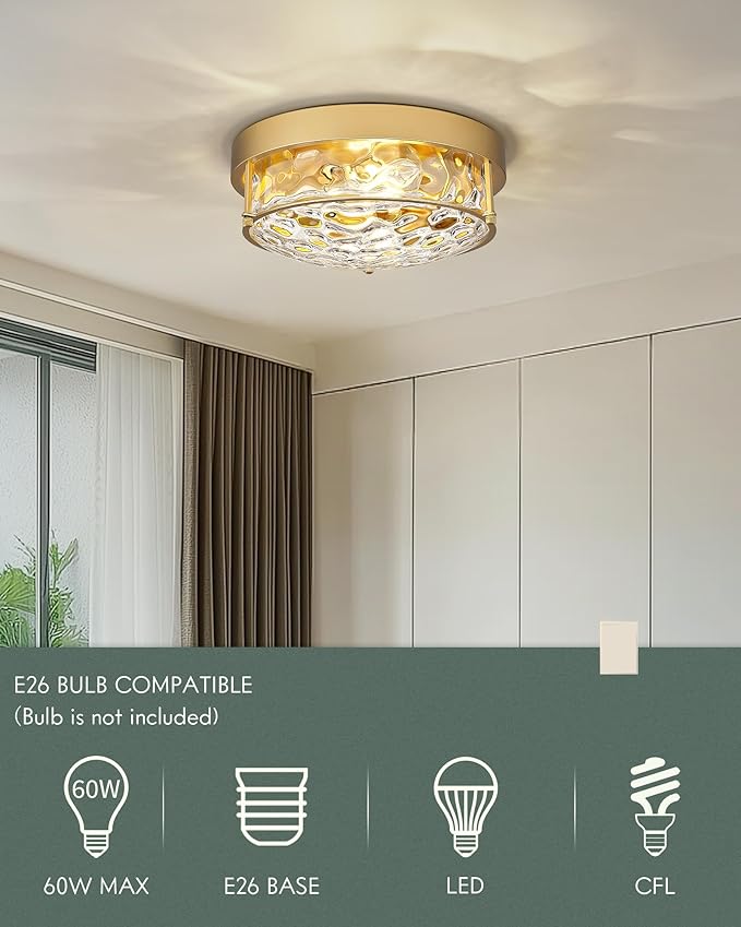 12" Flush Mount Ceiling Light, Farmhouse Style, Hammered Glass,Brass Gold, for Living Room, Bedroom, Dining – CKCL4822-2W-HGBB