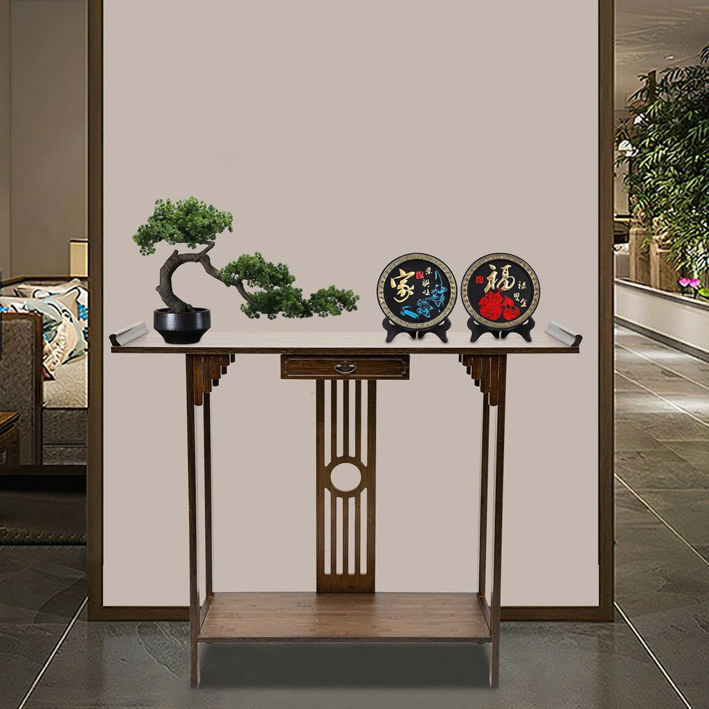 Console Table with Storage Shelves, 2 Tiers L 40.1” Narrow Sofa Table with Drawers, Bamboo Entryway Table for Small Spaces, Living Room Hallway Foyer Corridor Wood Entry Table