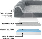 Furhaven Cooling Gel Dog Bed for Large/Medium Dogs w/ Removable Bolsters & Washable Cover, For Dogs Up to 55 lbs - Two-Tone Plush Faux Fur & Suede L Shaped Chaise - Stone Gray, Large