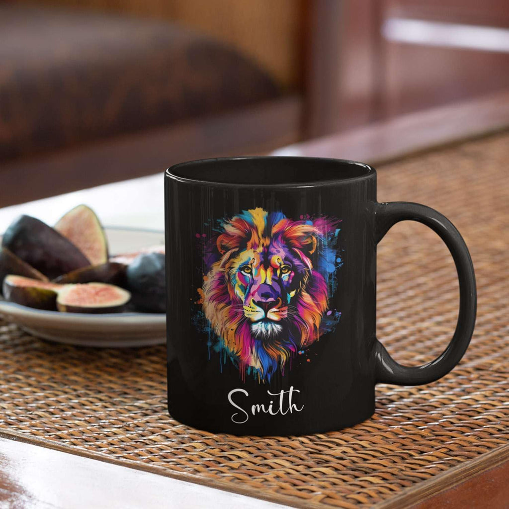 Personalized Lion Black Mug, Gift For Son Grandson, Custom Lion Coffee Cup With Name, Customized Colorful Animal Design Mug, Unique Animal Lover Cup 11oz 15oz
