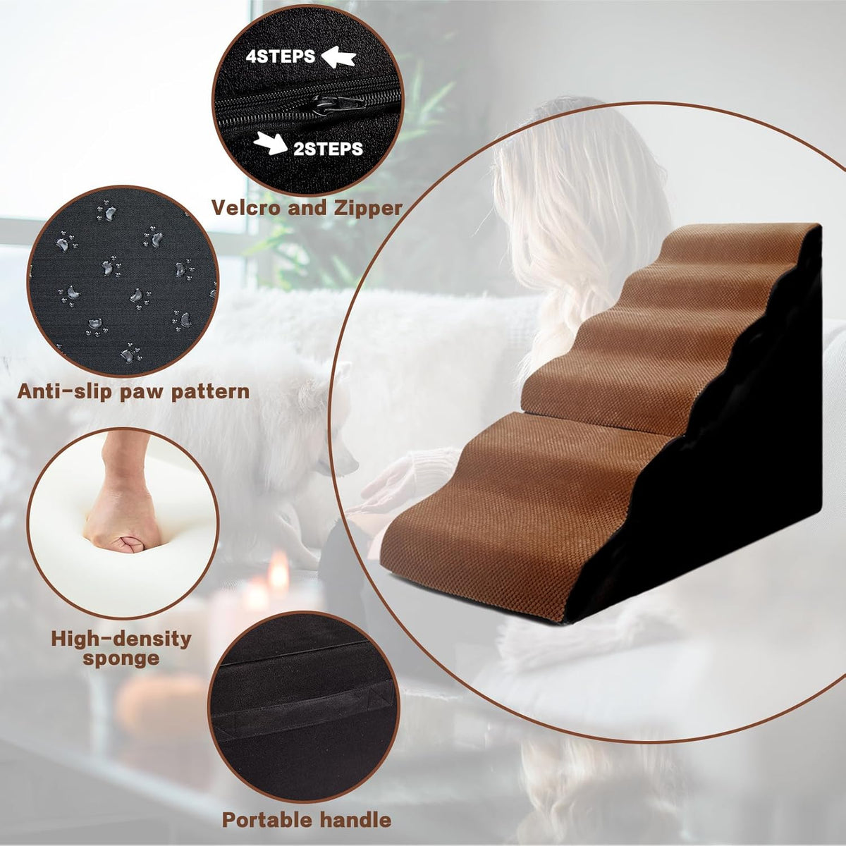 Dog Stair Steps for High Bed, 6-Step Dog Ramps for High Beds Climbing for Doggy/Kitty, Curved Pet Stairs for Small/Old Dogs/Cats, Brown