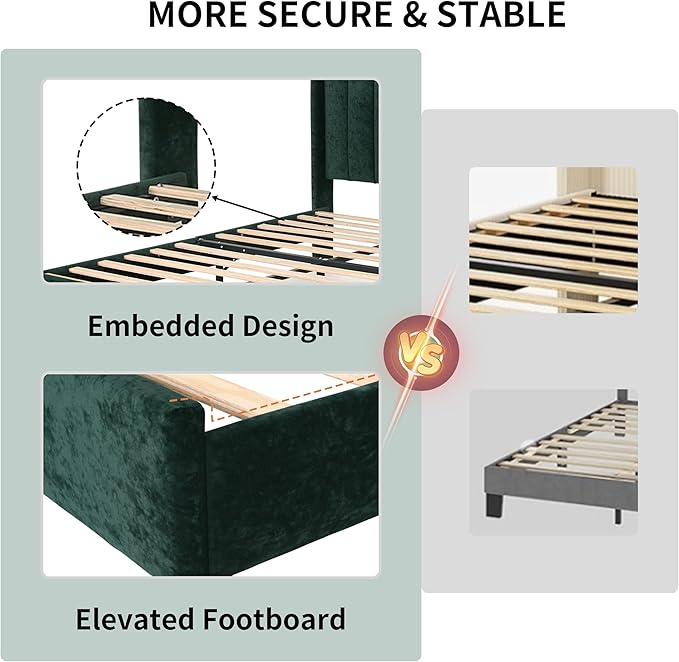 Full Size Upholstered Platform Bed Frame with Modern Wingback & Vertical Panel Headboard, Velvet Fabric, Wooden Legs & Slats Support, No Box Spring Needed, Noise-Free & Easy Assembly, Ink Green