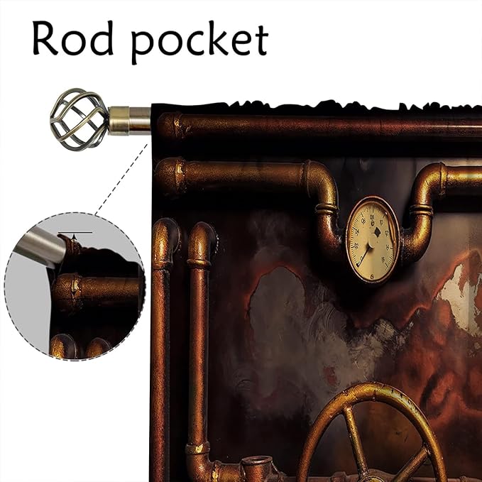 Steampunk Blackout Curtains Home Decor,Vintage Steampunk steam Pipes Pressure Rod Pocket Thermal Insulated Drapes Darkening Window Curtain for Bedroom Living Room 42 x 63 Inch
