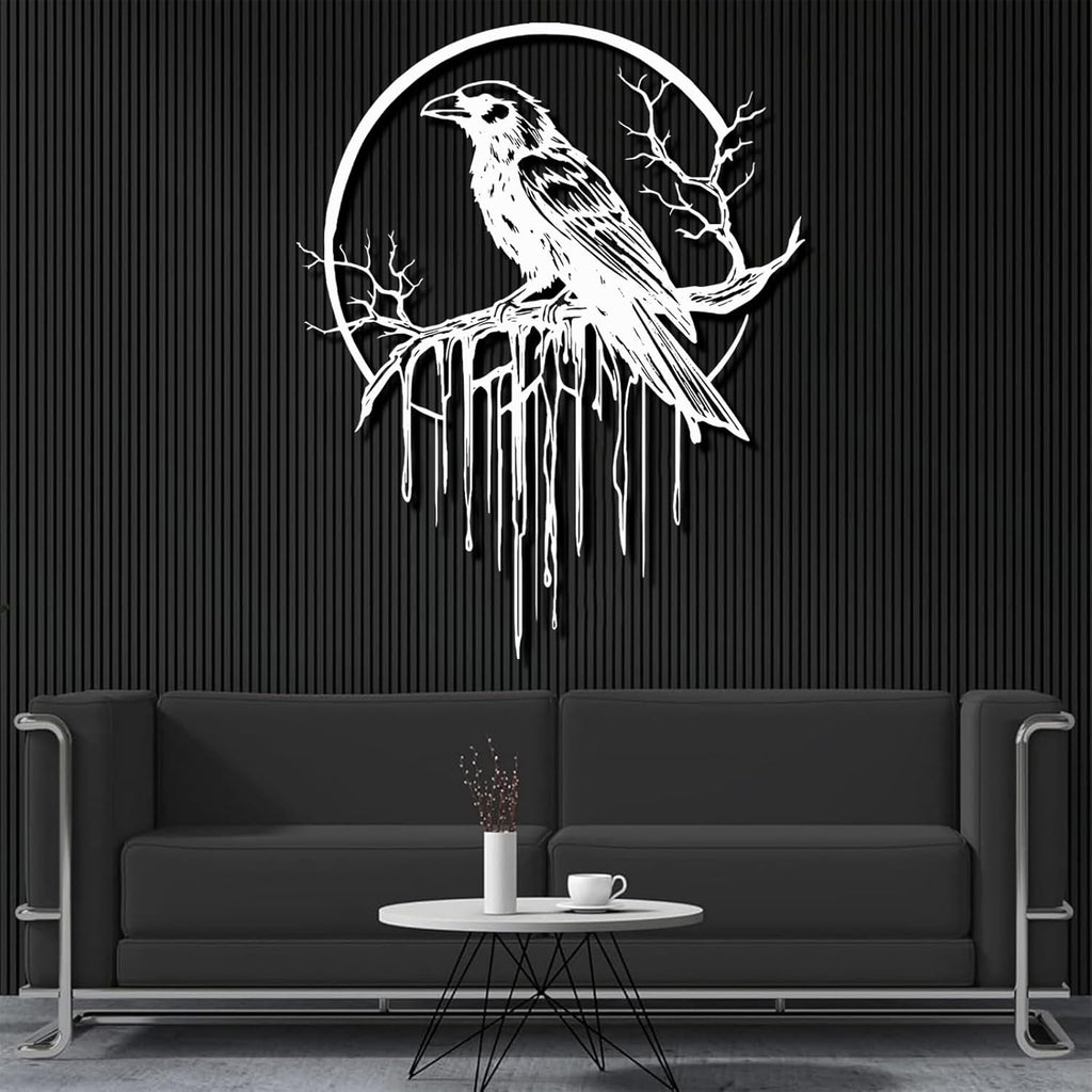 Crow Metal Wall Decor, Raven Wall Art, Large Gothic Raven Decor Hangings, Bird Wall Decor, Metal Tree Branch Decor, Ravens Sign, Raven Art for Living Room (White, 31"x25" | 80x64cm, metal wall art)