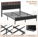 VECELO Farmhouse Metal Bed Frame Twin Size with Wooden Headboard & Footboard, Solid Platform Mattress Foundation with Storage, LED Light, Charging Station, USB Ports, Noise-Free, Easy Assembly, Black