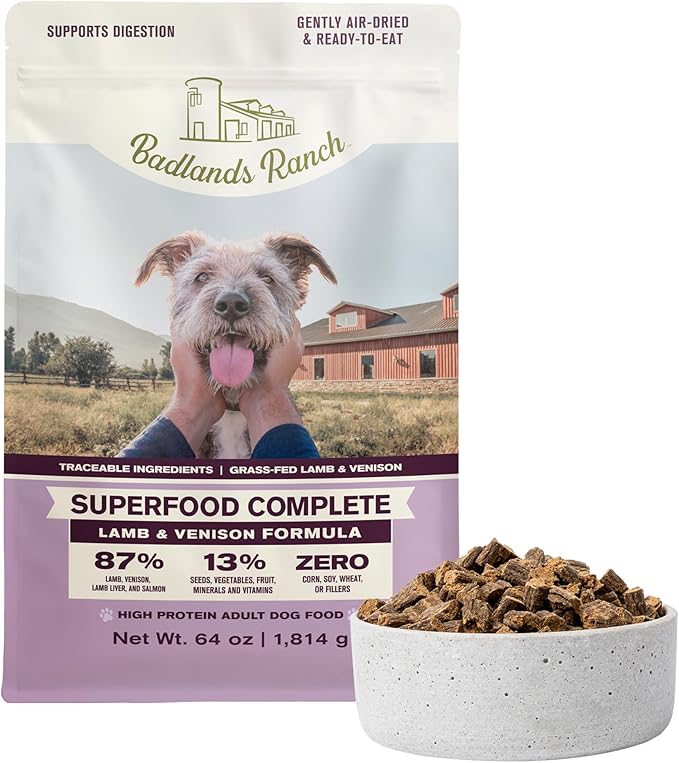 BADLANDS RANCH - Superfood Complete, Air-Dried Adult Dog Food - High Protein, Zero Fillers, Superfood Nutrition by Katherine Heigl (64 oz., Lamb & Venison)