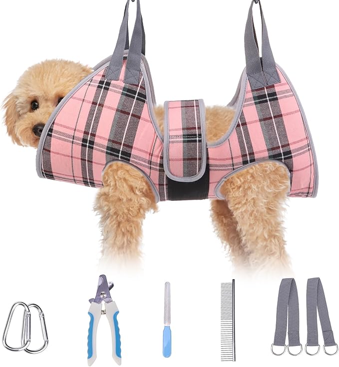 BEAUTYZOO Dog Grooming Hammock for Small Dogs Cat- Dog Sling for Nail Trimming/Clipping- Dog Hanging Harness Holder with Thick Fabric Neck Support & Strap Restraint Claw Care, Pink XS