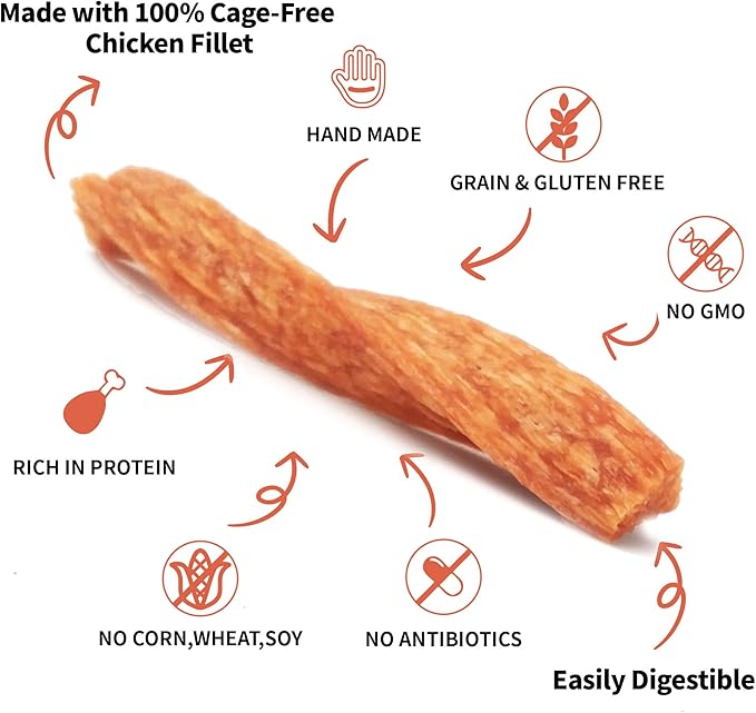 Chicken Dog Chew Twist Sticks, Puffed Human Grade Chicken Dog Treat Sticks, Rawhide Alternative, Easy to Digest 20pcs/Pack
