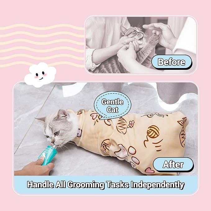 27.5" Large Cat Wrap for Nail Trimming，Self-adherent Cat Grooming Wrap for Cat & Small Dog, Anti-Scratch Cat Swaddle Burrito Wrap for Medicine,Nail Clipping,Ear Cleaning,Teeth Brushing - Cute Pattern