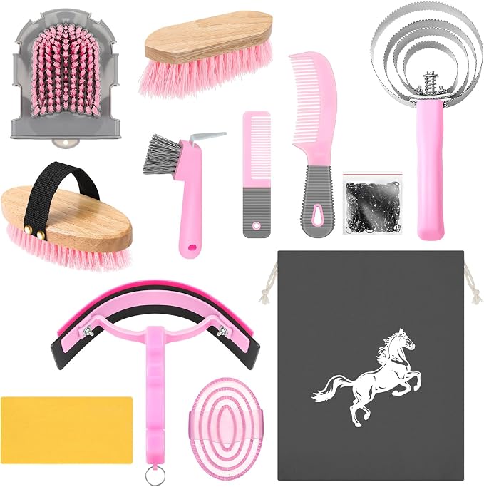 Abbylike 12 Pieces Horse Grooming Kit Racing Festival Tack Room Supplies Horse Brush Sets Equine Care Cleaning Kit Shedding Grooming Massaging Tools(Pink and Grey)