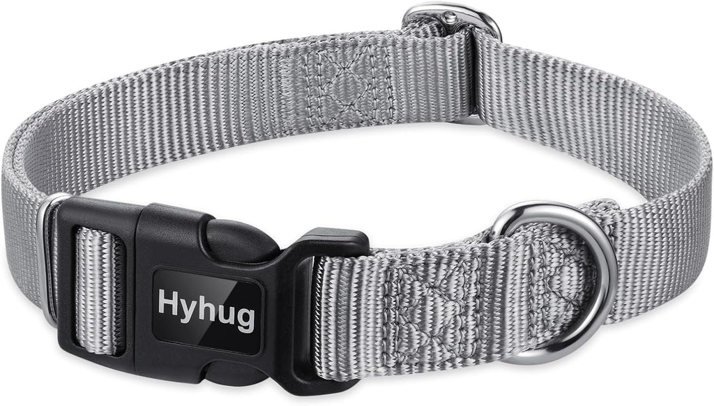 Hyhug Pets Solid Color Classic Regular Heavy Duty Basic Collar for Large Breeds Dogs, Unique Design Adjustment Triglide Slide (Buckle) Can Attached Name Tag Accessories. (Large, Sleet Gray)