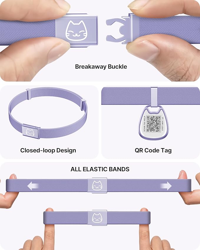 Cat Collar with QR Code Name Tag, Breakaway Kitten Collar for Boy & Girl Cats, Ultra Soft Elastic Adjustable Band, Safety Break Away Buckle, Comfortable & Secure Pet ID Collar (6"-12"), Purple