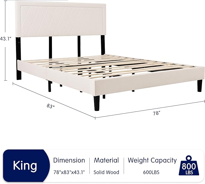 Hokway Bed Frame Upholstered Platform Bed with Headboard Wooden Slat Support No Box Spring Needed(King, Soft Beige)
