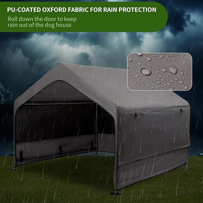 Summertrail Extra Large Dog House Outside, Dog Tent Outdoor, Big Dog Shade Shelter Doghouse Canopy with Three-Sided Breathable Mesh Windows, Gray Sun Rain Cover for Pet Cat Livestock 4'x 4'x 3.3'