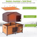 GUTINNEEN Extra Large 60" Heated Dog House Outdoor Dog Kennel with Safe Heated Pad, Chew-Proof Metal Frame and Rotating Food Bowl for Large Dog Breeds, 60" L x 36" W x35.4 H (Brown)