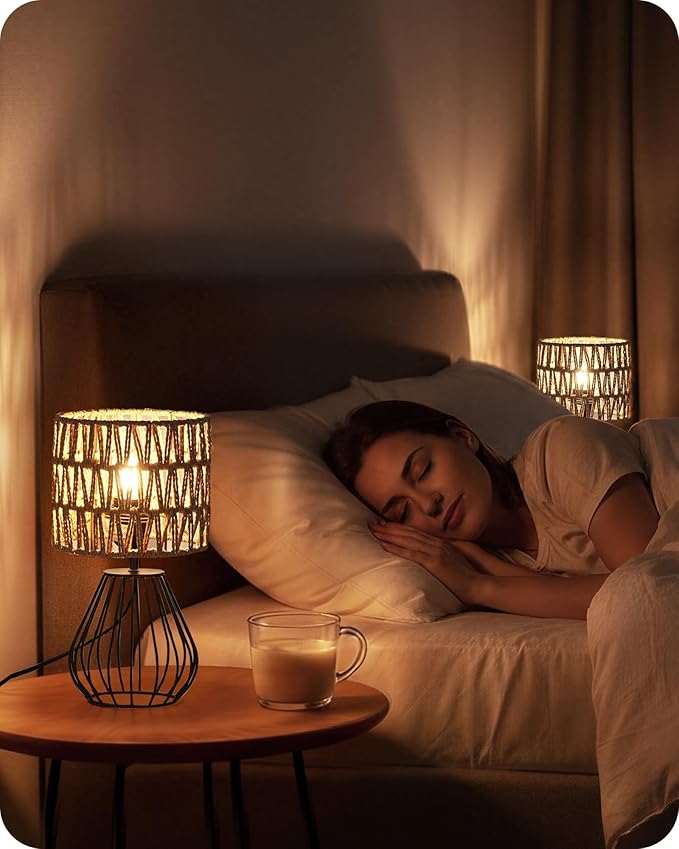 Small Bedside Lamp, Boho Table Lamp with Handwoven Paper Lampshade & Black Metal Base, Rattan Desk Lamp, Modern Nightstand Lamp for Bedroom, Living Room, 2700K LED Bulb Included, HW06TL05