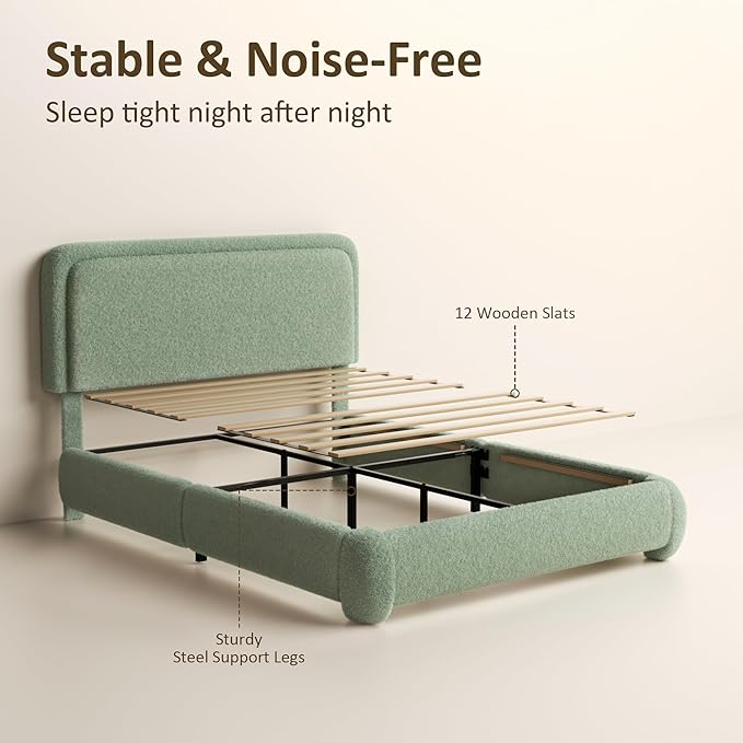 Full Bed Frame, Teddy Velvet Boucle Bed Frame with 43.3"/45.3" Adjustable Upholstered Headboard, Rounded Corners, Mattress Foundation, No Box Spring Required, Green