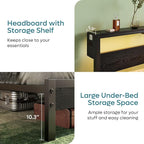 Bestier Full Bed Frame with Storage Headboard and Charging Station, Black Platform Bed Frame with LED Light, Non-Slip Metal Bed Frame, Noise-Free, Easy Assembly