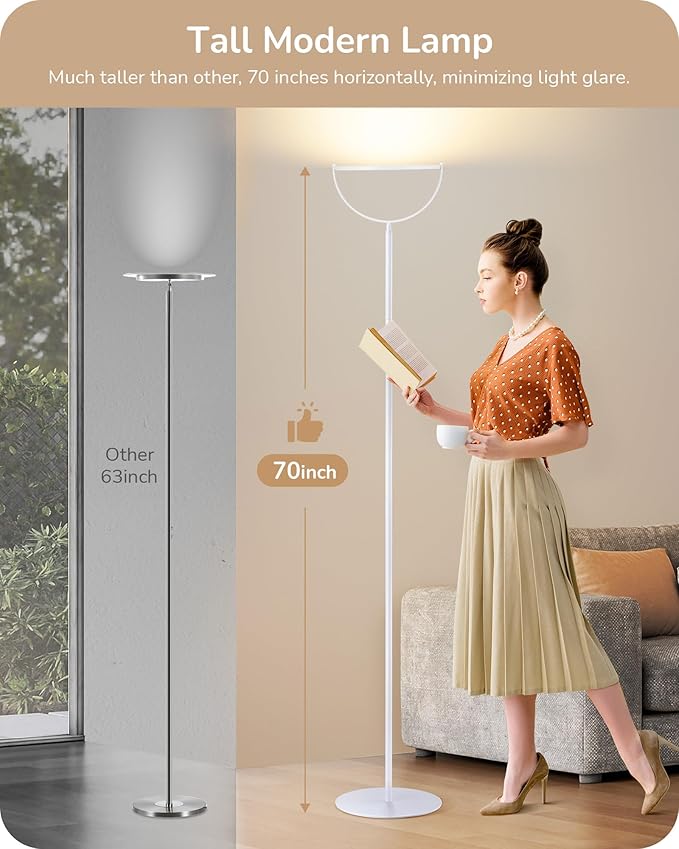 EDISHINE 76" Tall Floor Lamp, 28W 2500LM Bright LED Lights for Living Room, 300° Flexible Head Modern Torchiere Corner Lamps with Remote, 2700K-6500K Dimmable Standing Lamps for Bedroom, Office, White