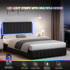 Full Size Bed Frame with LED Lights, Faux Leather Upholstered Platform Bed with Headboard and Wooden Slats Support, No Box Spring Needed, Noise-Free, Easy Assembly, Black