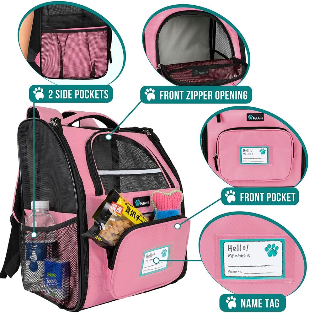 PetAmi Dog Backpack Carrier for Small Large Cat, Pet, Puppy, Ventilated Pet Hiking Backpack Travel Bag, Airline Approved Cat Backpack Carrier, Camping Biking Dog Bag Up to 18lbs Pet, Pink
