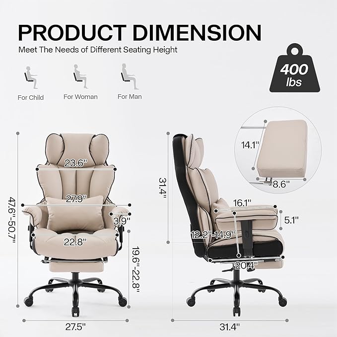 Big and Tall Office Chair 400lbs Wide Seat,High Back Gaming Chair with Foot Rest, Ergonomic Reclining Executive Office Chair Lumbar Support,Leather Computer Chair Adjustable Arm(Black Beige)
