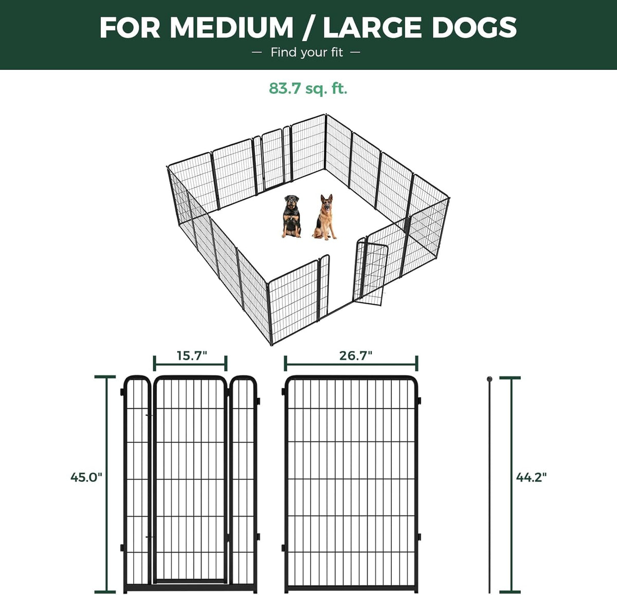 FXW Homeplus Unleashed Indoor Dog Playpen - Stress-Free and Safe Play, Heavy Duty 45 Inch 16 Wire Panels Dog Pen for Large Dogs, Black│Patented