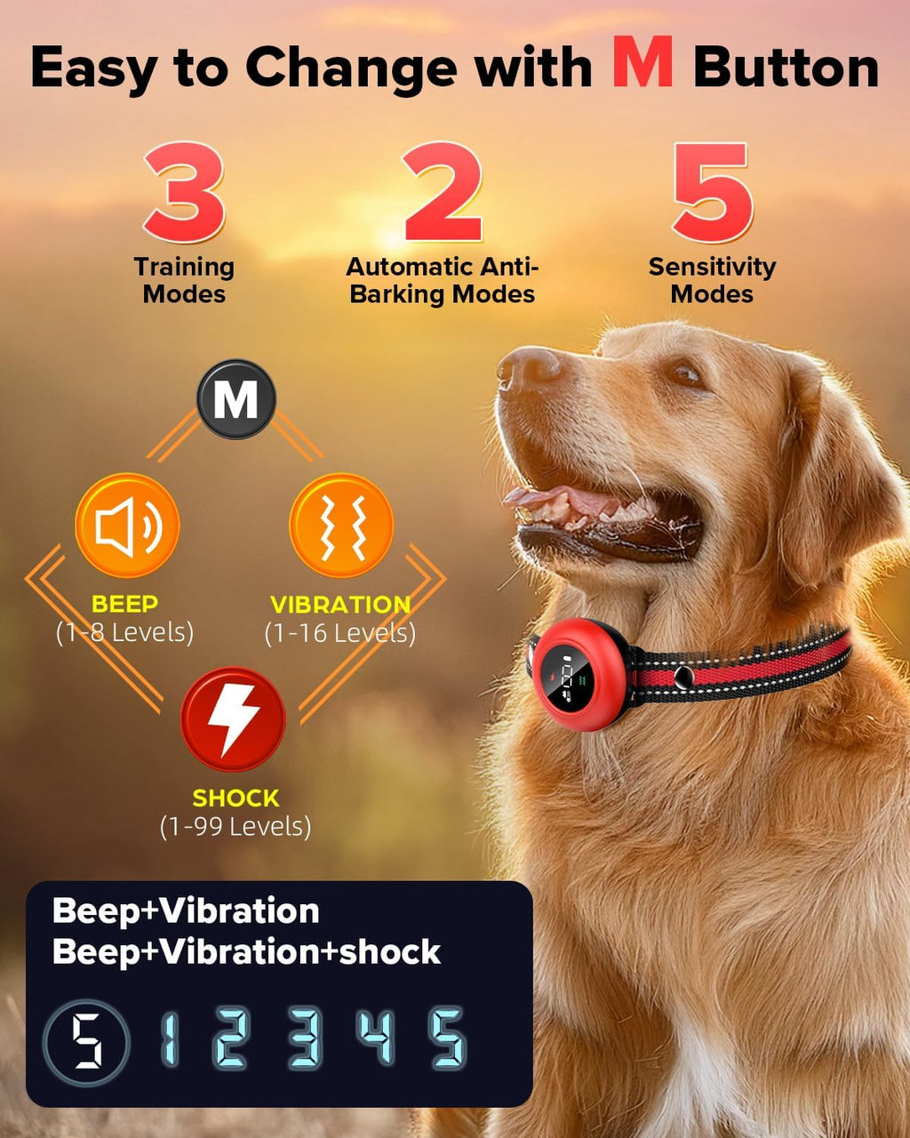 XDX 2-in-1 Dog Shock Collar & Bark Collar – 3300FT Dog Training Collar with Remote, Automatic Anti-Barking, 5 Adjustable Sensitivity Levels, IP67 Waterproof E-Collar for Small Medium Large Dogs