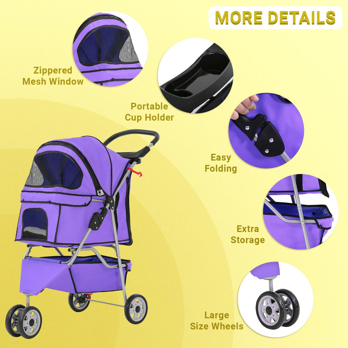 Foldable Pet Stroller,Dog Stroller with 3 Wheel,Pet Strolling Cart,Dog Travel Carrier with Storage Basket and Cup Holder for Dog Puppy,Purple