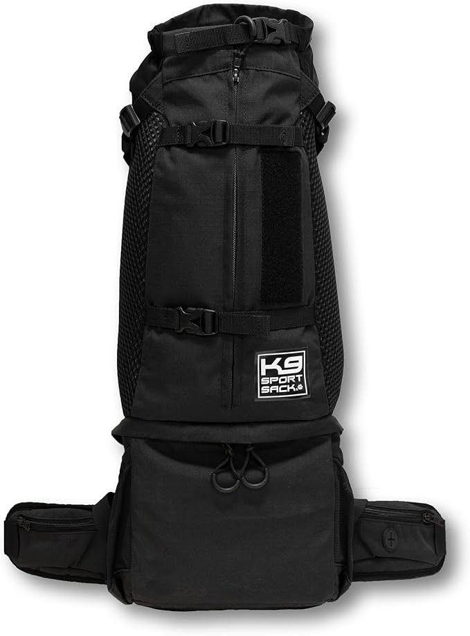 K9 Sport Sack Knavigate - X-Small, Midnight Black - Ideal for Dogs with 9-12” Back Length - Adjustable, Backpack-Style Carrier with Internal Frame & Padded Hip Belt