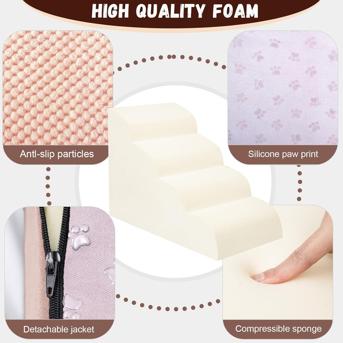 Dog Stairs for Small Dogs - High Density Foam Pet Steps, Extra Wide Dog Ramp with Non-Slip Bottom for High Beds, Couch and Sofa, Best for Dogs Injured, Older Doggy Cats,4 Stpes, Pink