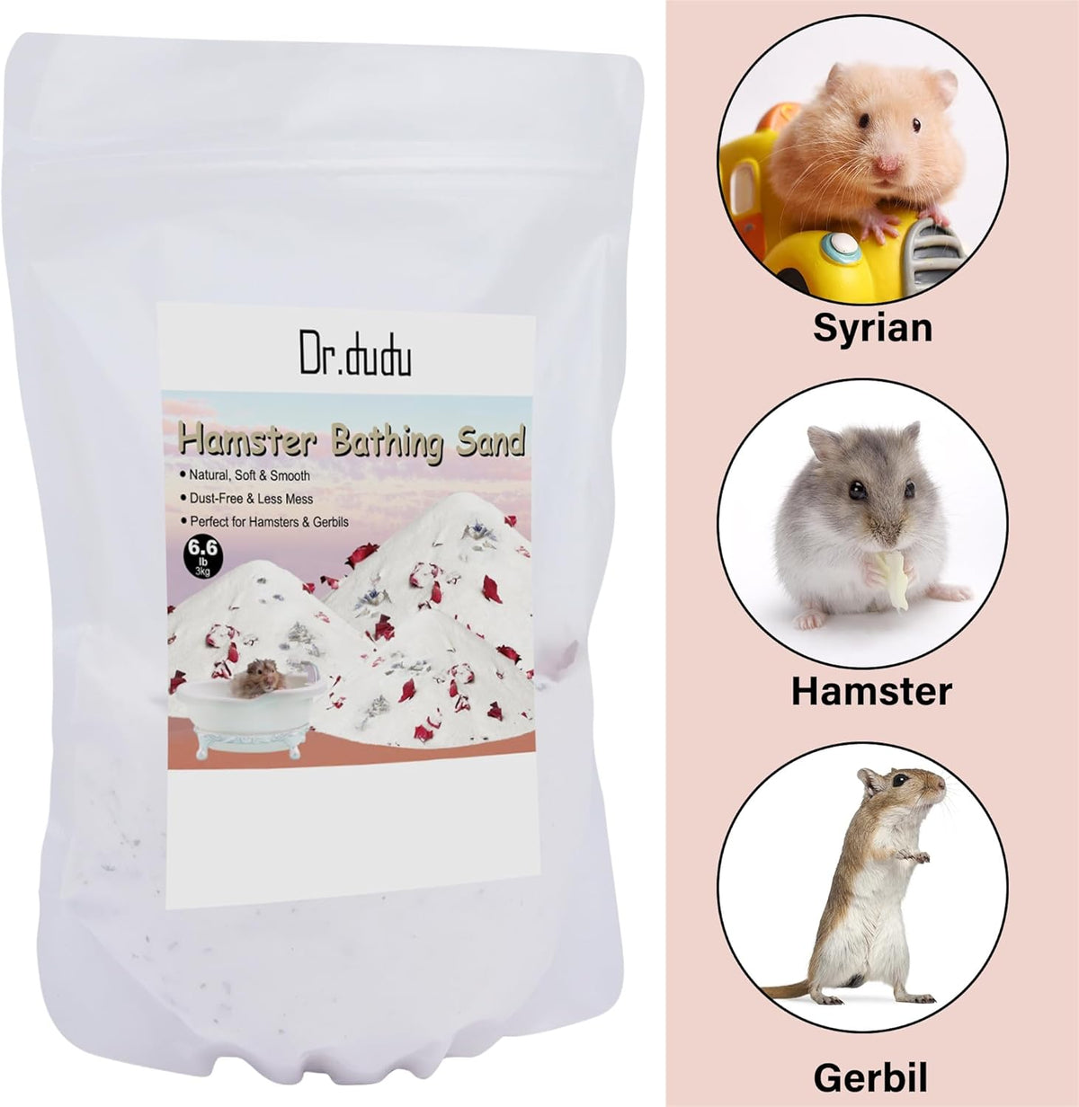 DR.DUDU Hamster Bath Sand, 6.6lb Dust Free Desert Sand or Potty Litter Sand for Hamster Chinchillas Gerbil Syrian Mice Small Animals (White, Flower Smell)