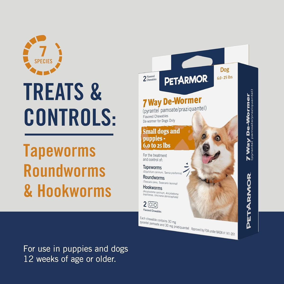PetArmor 7 Way De-Wormer for Dogs, Oral Treatment for Tapeworm, Roundworm & Hookworm in Small Dogs & Puppies (6-25 lbs), Worm Remover (Praziquantel & Pyrantel Pamoate), 6 Flavored Chewables