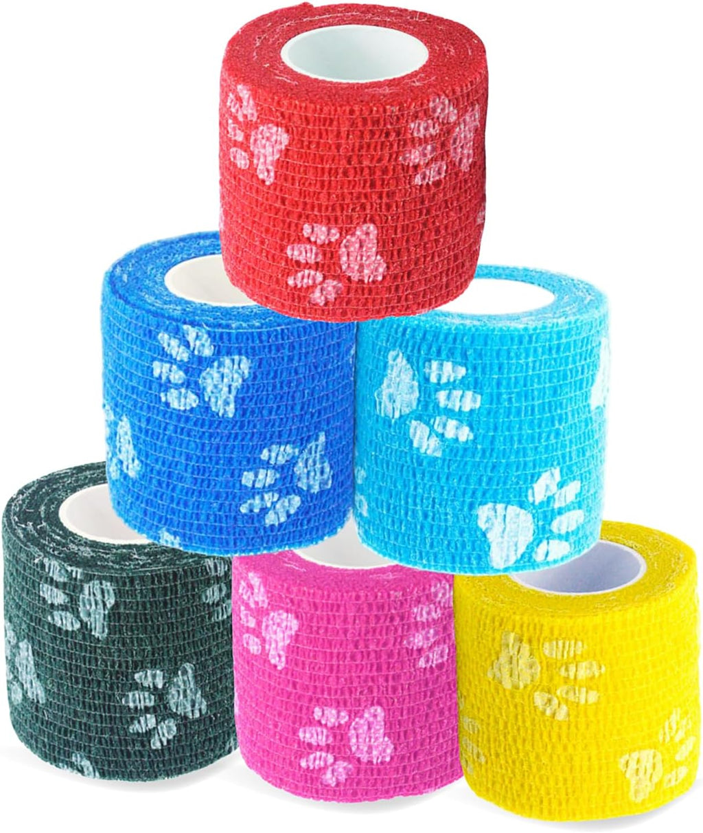 Pet Bandage 6 Rolls, Adhesive Bandage, Self Adhesive Bandage, First Aid Adhesive Gauze, for Horses, Dogs,Cats, Birds, Animals (Paw Prints, 2 Inch (Pack of 6))