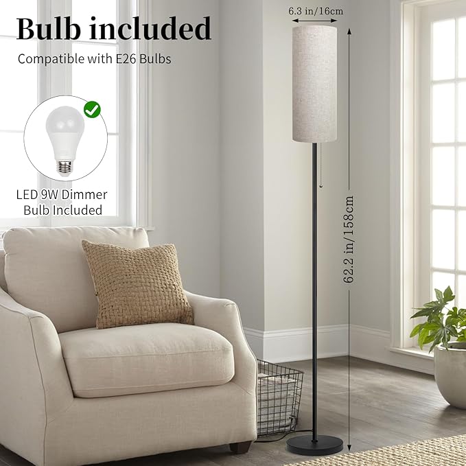 Floor Lamp for Living Room, Modern Standing Lamps with Lampshade, Minimalist Tall Lamp with Chain Switch for Living Room, LED Bulb Included (Beige Shade)
