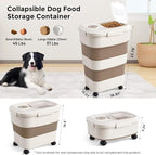 40-50lbs Dog Food Storage Container, Large Capacity Collapsible Airtight Pet Food Storage Containers with Rolling Wheels, Transparent Lid, Scoop and Date Track, Brown