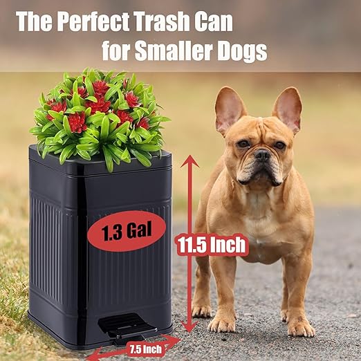 Metal Dog Poop Trash Can Outside - Small Outdoor Garbage Can with Pedal - Stainless Steel Dog Waste Container with Lid - Decorative Trash Bin (Faux Plant) - Hidden Trash Bucket - Black & Flower